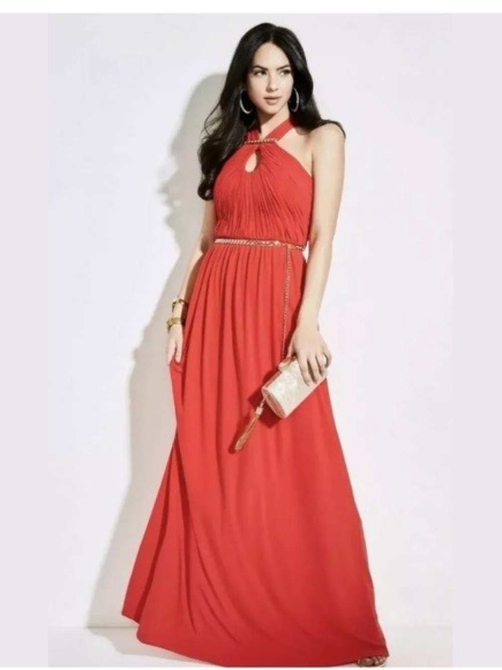 Guess By Marciano Red-Orange Halter Maxi Dress with Gold Chain Belt